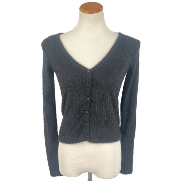 NWT Hollister Black Button Front V-Neck Long Sleeve Soft Fuzzy Sweater Top - Picture 7 of 13